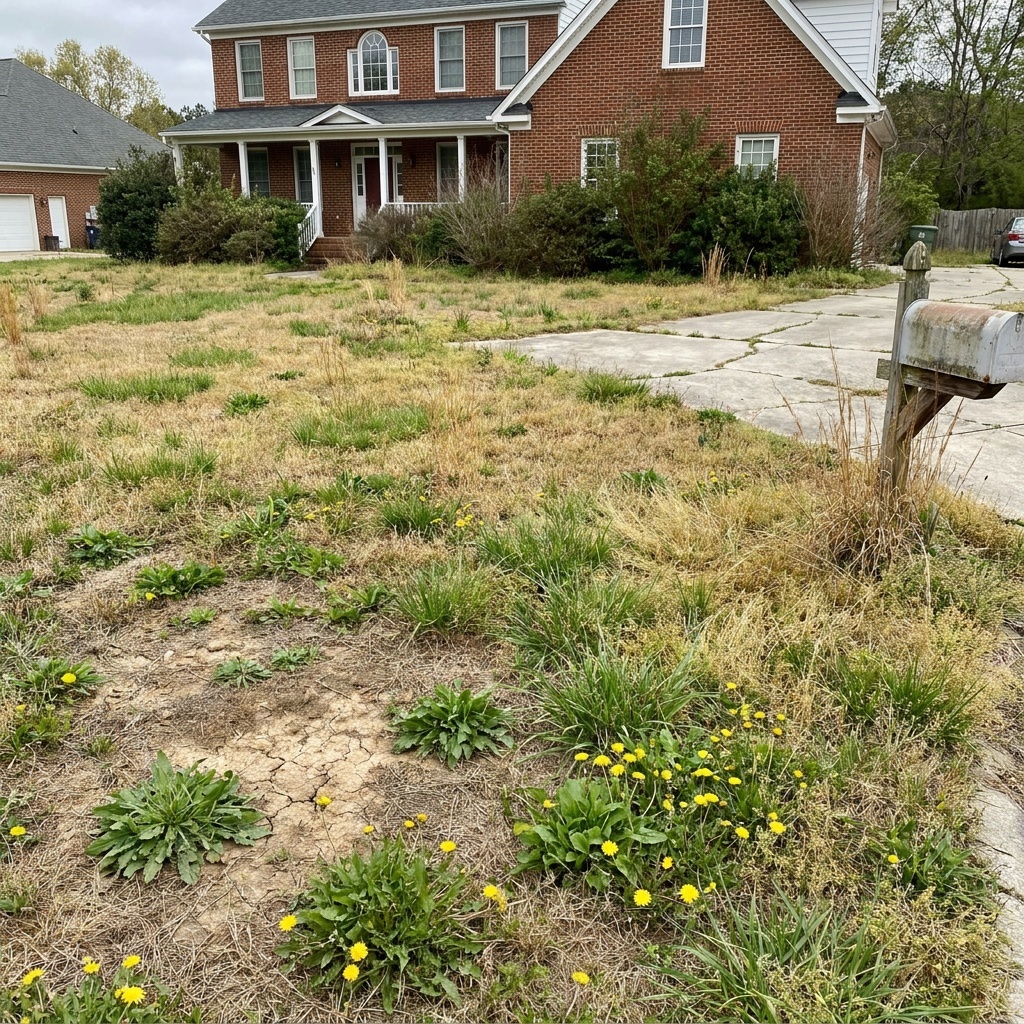 A patchy, weed-filled lawn before treatment