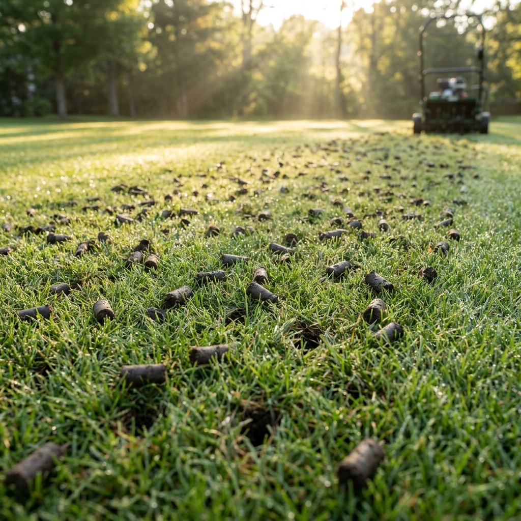 Core-aerated lawn with soil plugs